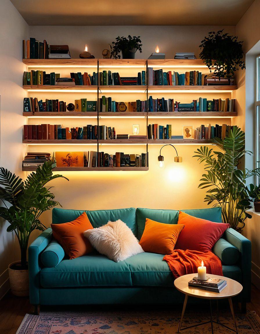 A serene, cozy room with soft lighting, featuring a plush sofa adorned with colorful cushions, surrounded by books on sexual wellness and intimacy. Incorporate elements like a candle, a potted plant, and tasteful artwork on the walls that evoke a sense of exploration and open-mindedness. The atmosphere should feel inviting and reflective. warm tones, artistic illustration, vibrant colors.