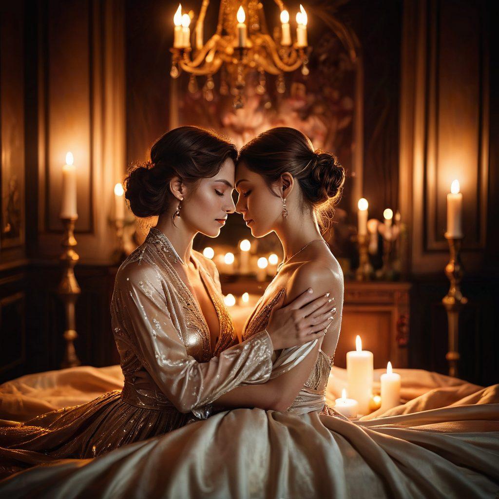 A captivating scene showcasing a sensual embrace between two individuals in a dimly lit room, adorned with luxurious fabrics and candlelight. Include subtle symbols of connection like intertwined hands and soft, warm colors that evoke intimacy and trust. The background should have hints of vintage decor to suggest an adult industry ambiance, combining elegance with passion. ethereal glow. super-realistic. warm tones.