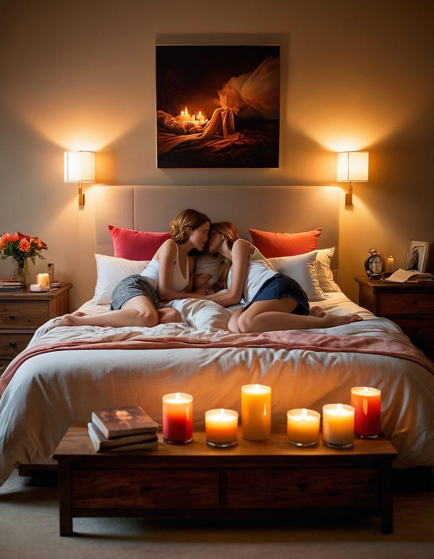 A serene, inviting bedroom setting with soft, warm lighting, featuring plush pillows and colorful cushions. Include a couple in a candid, intimate moment, expressing trust and connection. Surround the scene with symbols of sexual wellness, like candles and books on education. The ambiance should evoke feelings of comfort, openness, and empowerment. soft focus. warm tones. super-realistic.